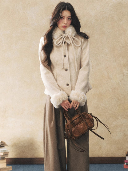 Detachable Fur-Collar Wool-Blend Jacket