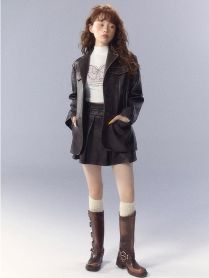 Vintage Brown Embroidered Leather Jacket &amp; Skirt Set - CHINASQUAD