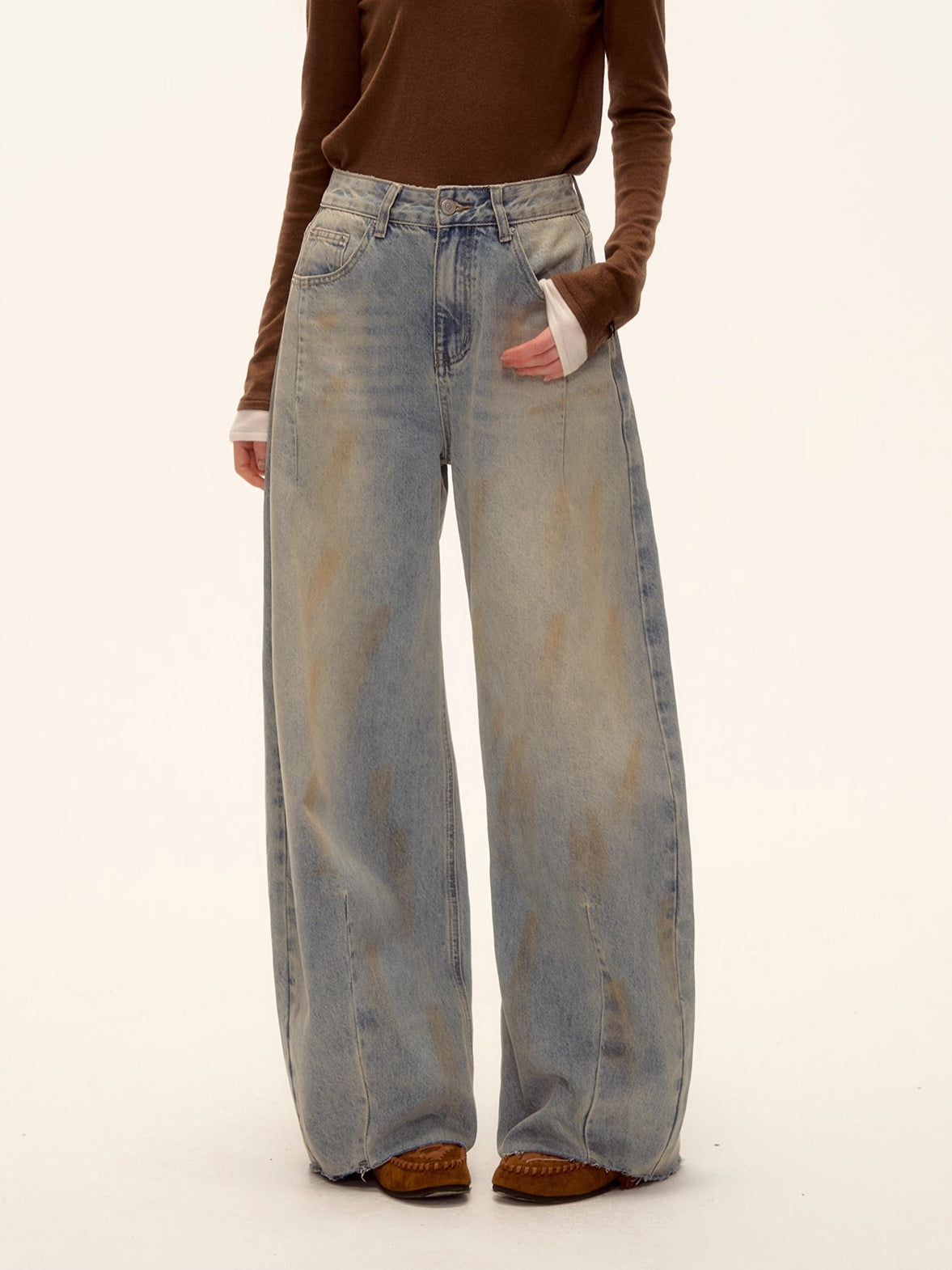 Vintage Washed Distressed Wide-Leg Denim Pants