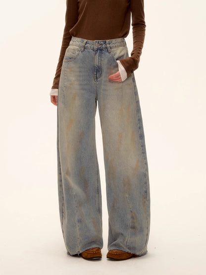 Vintage Washed Distressed Wide-Leg Denim Pants