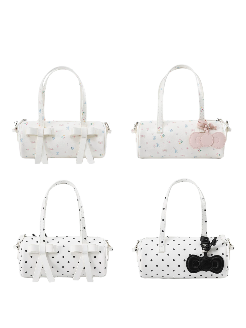 Bow-Accent Polka Dot &amp; Floral Barrel Bag