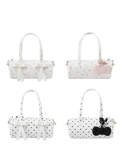 Bow-Accent Polka Dot &amp; Floral Barrel Bag