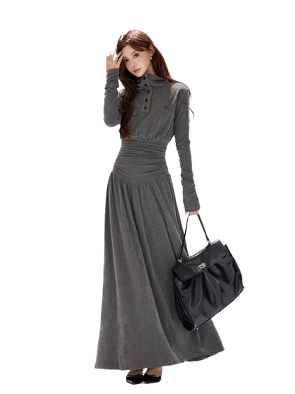 Pleated Waist-Defining A-Line Maxi Dress