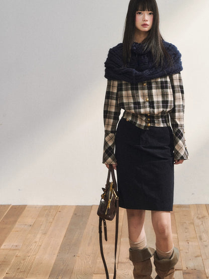 Vintage Plaid Contrast-Panel Fitted Shirt Crewneck