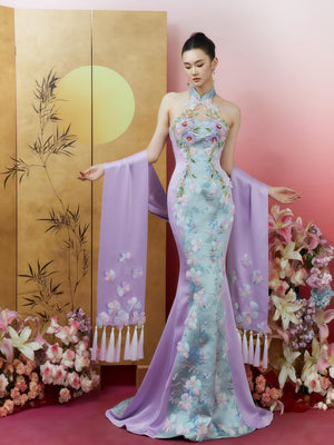 Jiangnan Bloom Embroidered Halterneck Gown with Draped Shawl