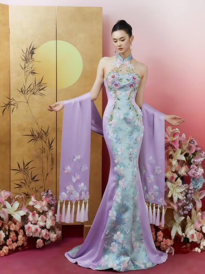 Jiangnan Bloom Embroidered Halterneck Gown with Draped Shawl