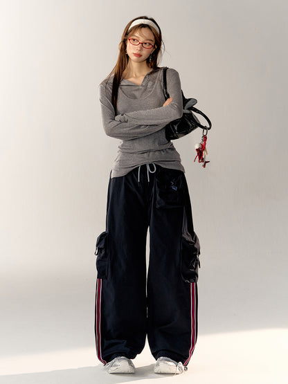 Striped Tape Drawstring Loose Wide-Leg Pants