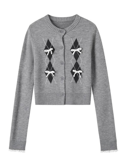 Gray Diamond Pattern Butterfly Knot Cardigan