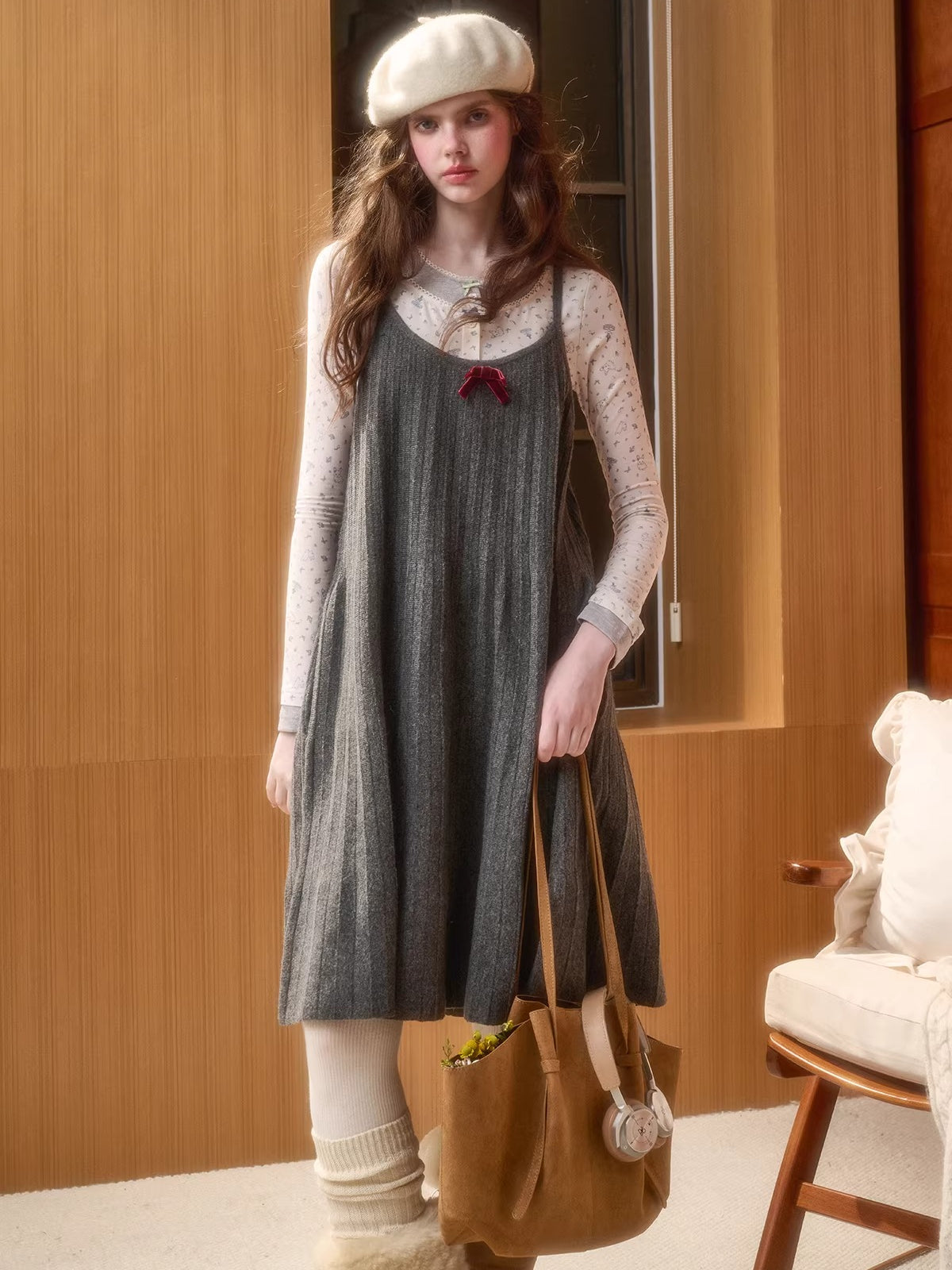 Wool Blend Pleated Knit Midi Dress