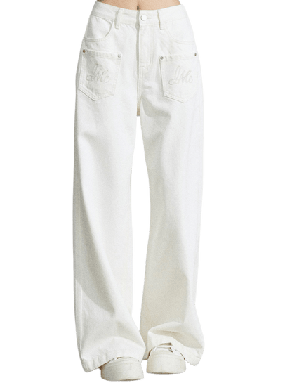 Embroidered Pocket Wide-Leg Denim Jeans
