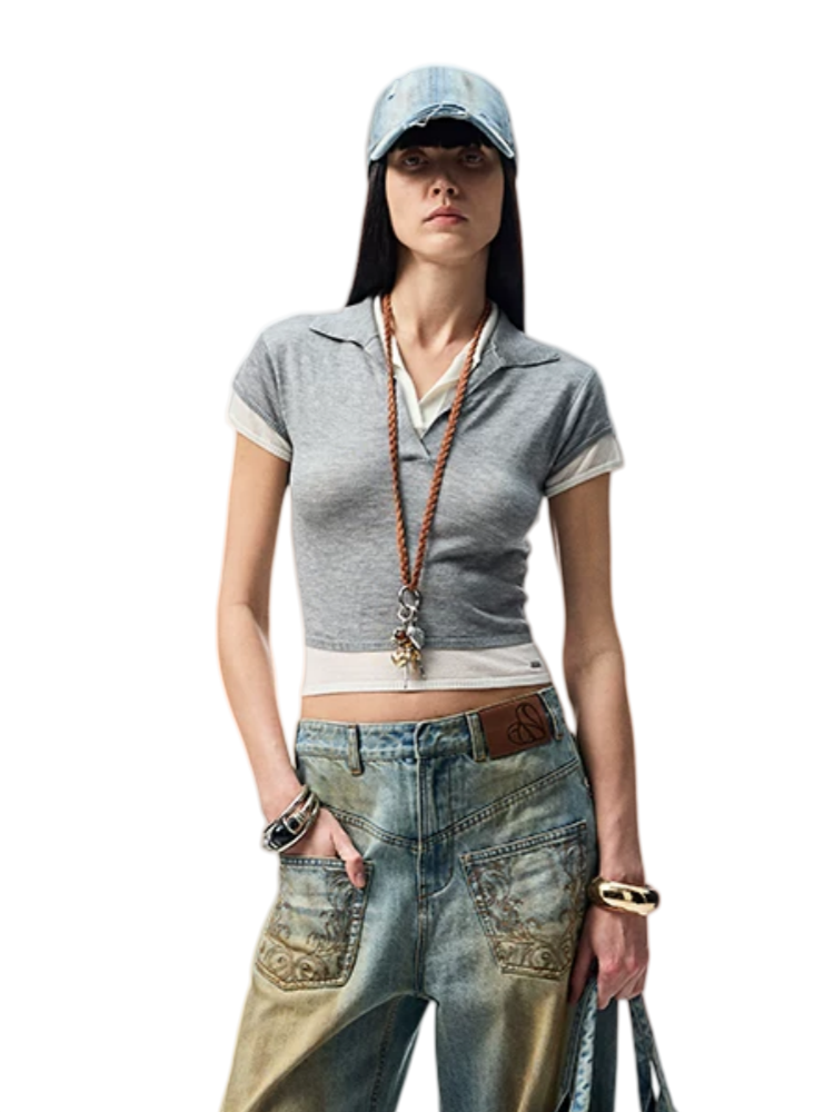 Color-Blocking Fake Two-piece Knit Polo Shirt