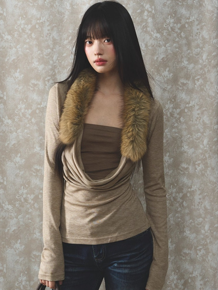 Two-Piece Draped-Collar Knit Crewneck