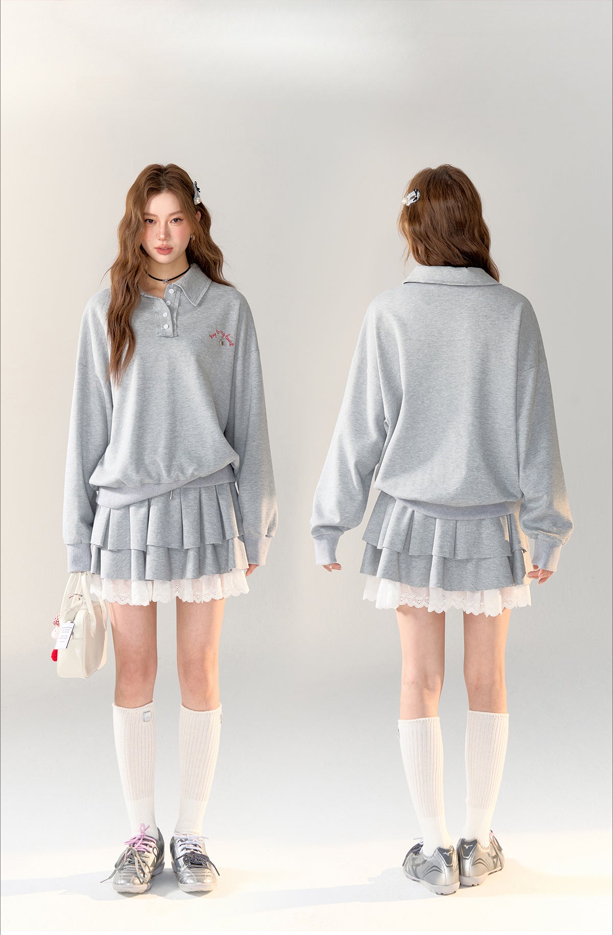 American College Style Polo Collar Sweatshirt &amp; Skirt Set