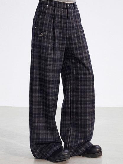 Plaid Fleece-Lined Wide-Leg Trousers