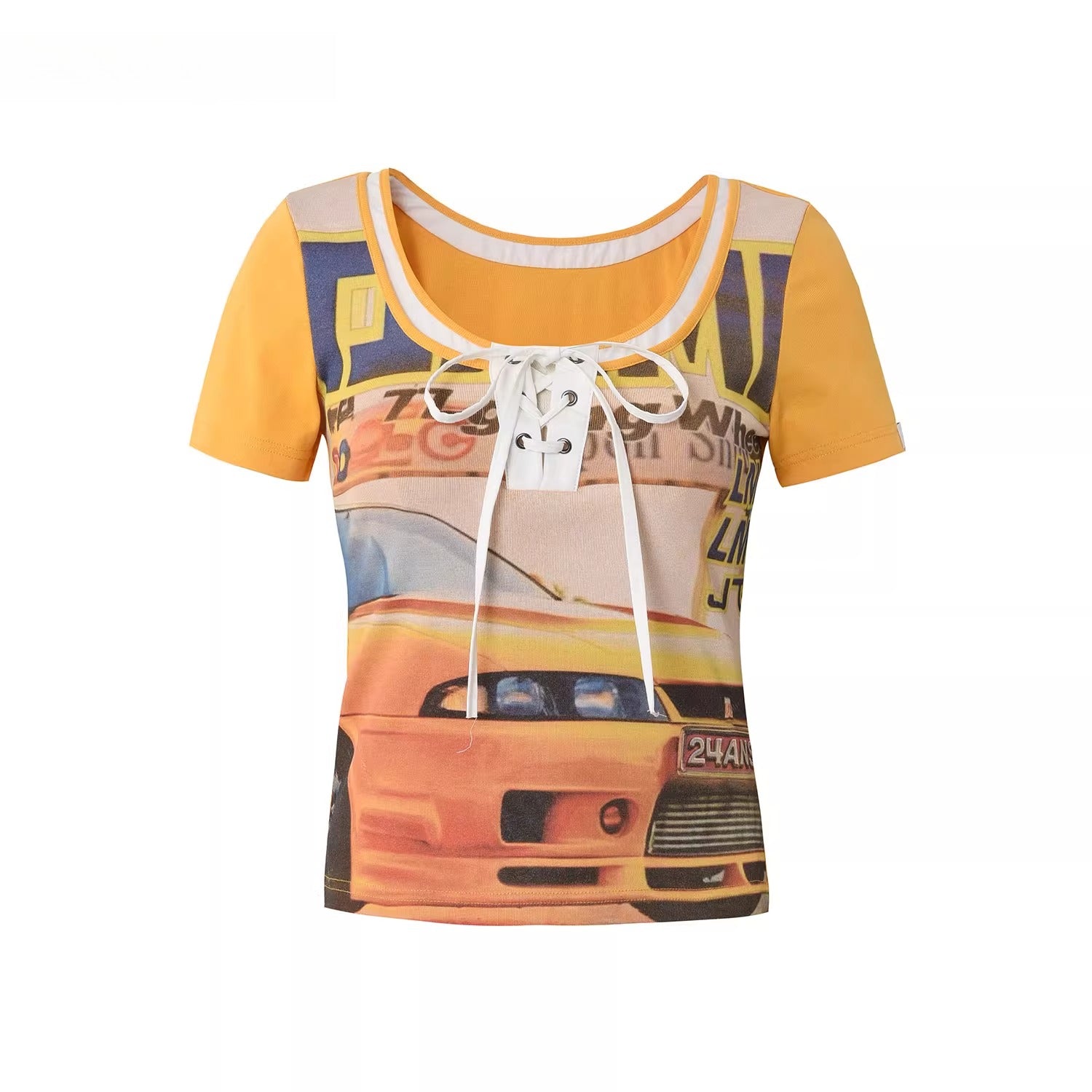 Retro Racing Print Layered-Look Patchwork T-Shirt