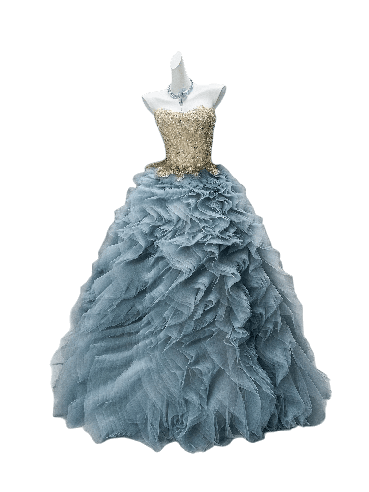 Blue Tears Ruffled Tulle Gown with Embellished Bodice