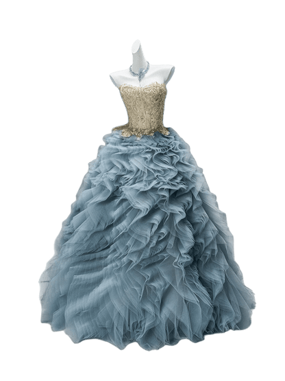 Blue Tears Ruffled Tulle Gown with Embellished Bodice