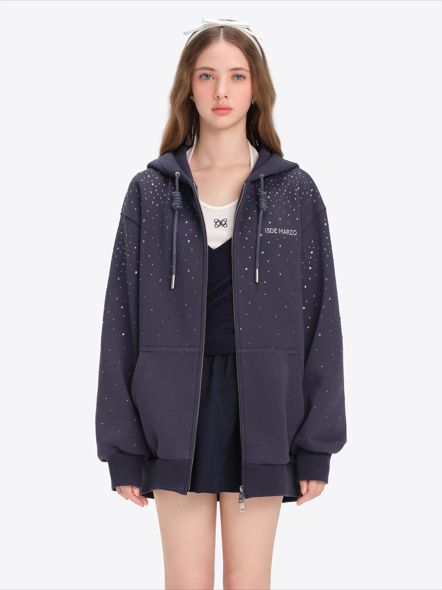 Faux-Diamond Embellished Relaxed Hoodie Jacket