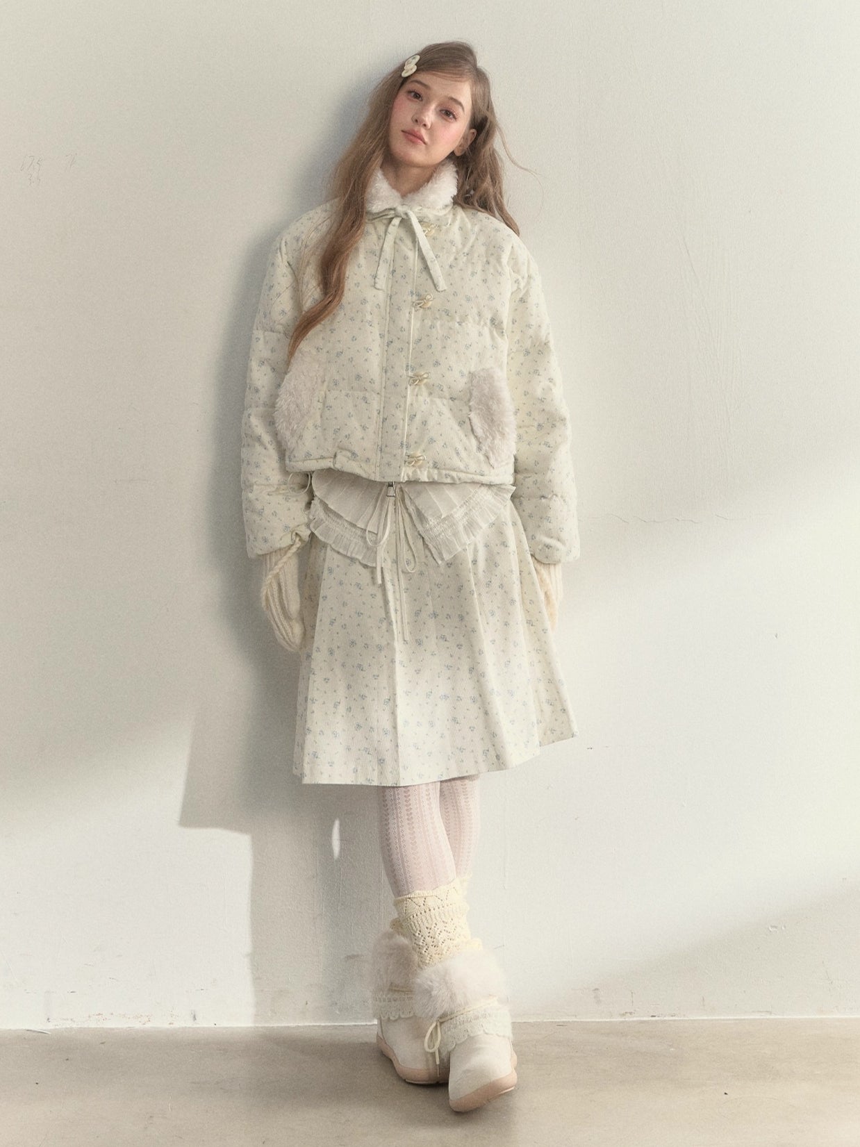 Floral Corduroy Puffer Jacket &amp; Pleated Skirt Set