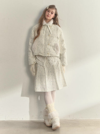 Floral Corduroy Puffer Jacket &amp; Pleated Skirt Set