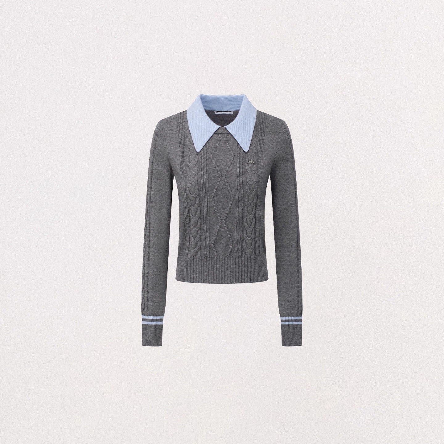 Contrast-Collar Cable-Knit Polo Sweater