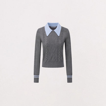 Contrast-Collar Cable-Knit Polo Sweater