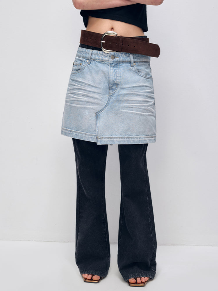 Color Block PatchworkFake Two-Piece Denim Flared Skirt Pants