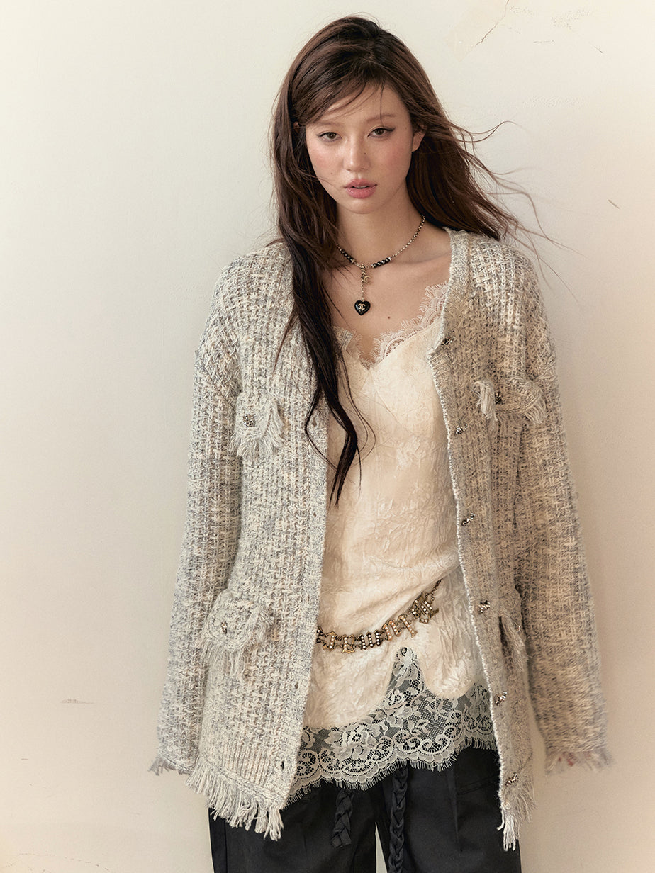 Frayed Edges Wool Mid-Length Knit Cardigan