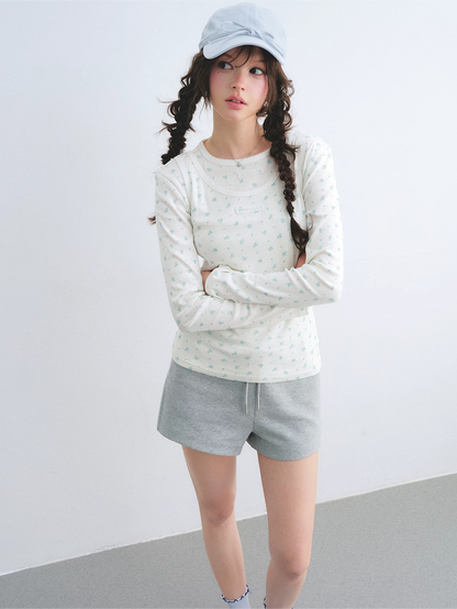 Vintage Floral Trim Long Sleeve Layered Top Set