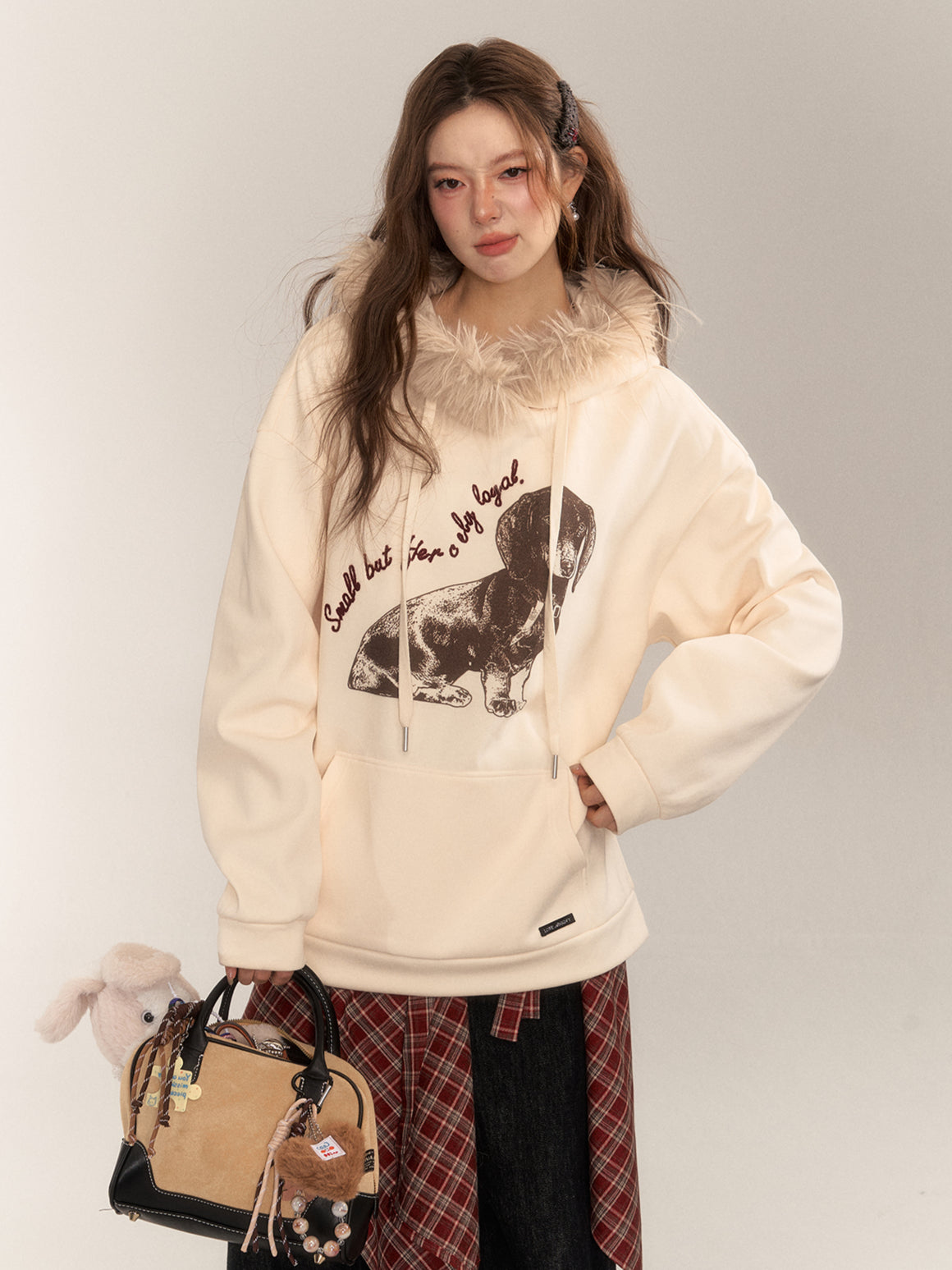 Retro Dog Print Fleece-Lined Hoodie