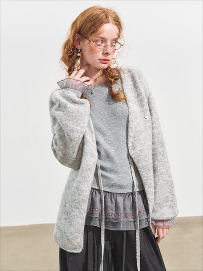Double-Layer Ruffle Raglan Sleeve Fleece T-Shirt