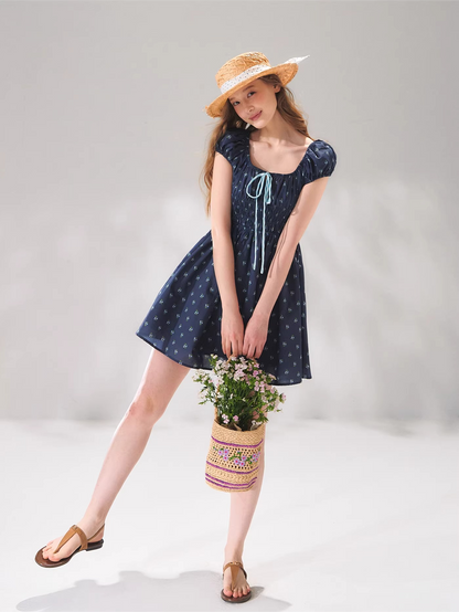 French Floral Tie-Waist Square Neck Puff Sleeve Dress