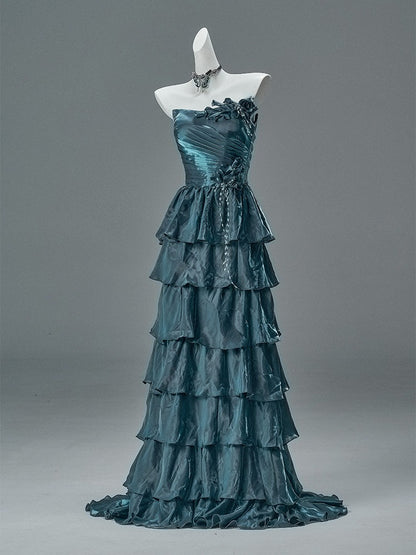 Bengi Midnight Teal Tiered Couture Gown