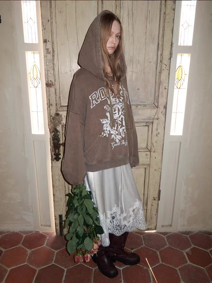 Print Slouchy Sleeve Washed Hoodie