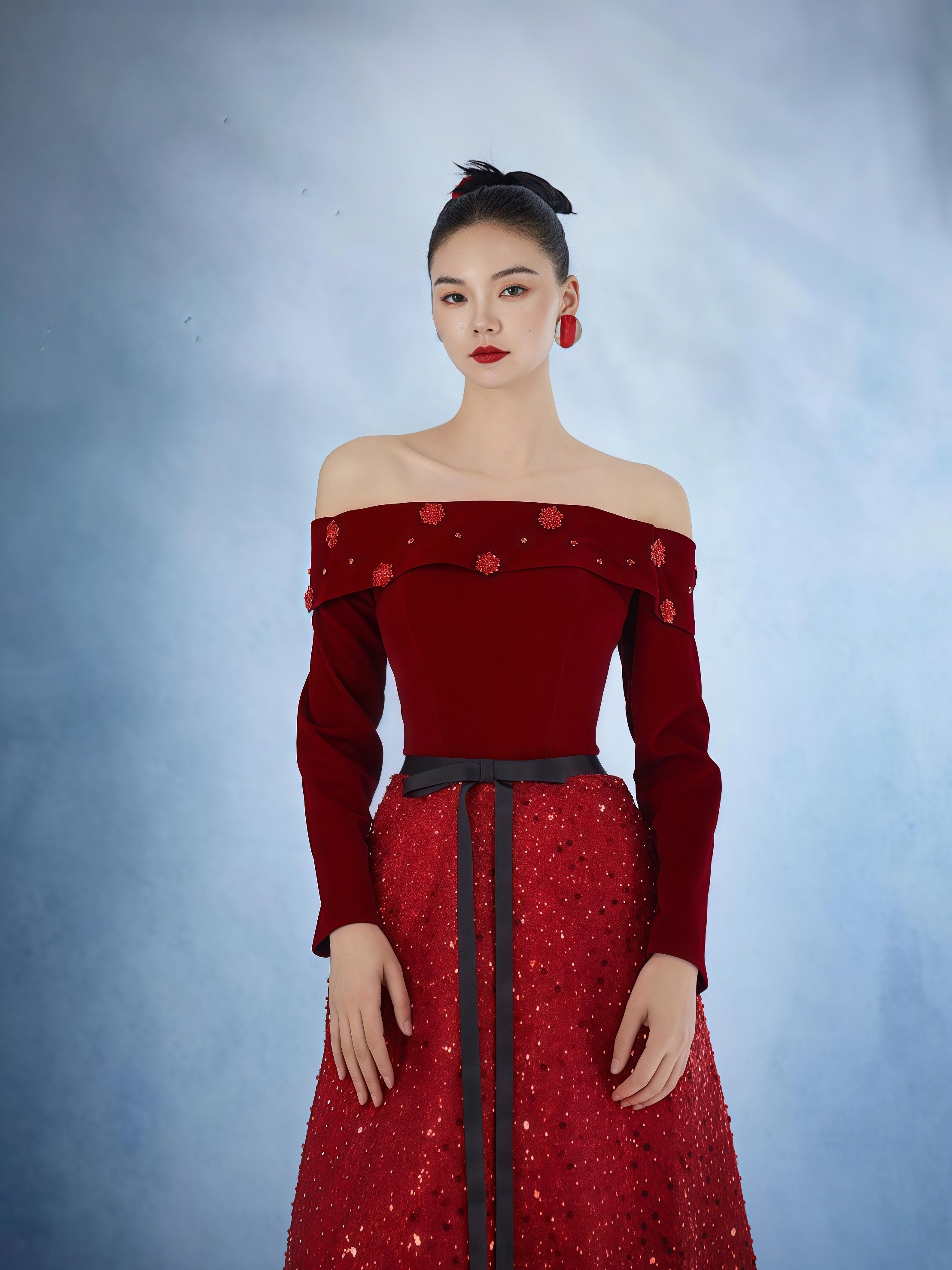 Scarlet Velvet Sequin Panel Evening Gown