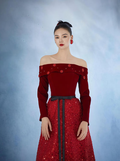 Scarlet Velvet Sequin Panel Evening Gown