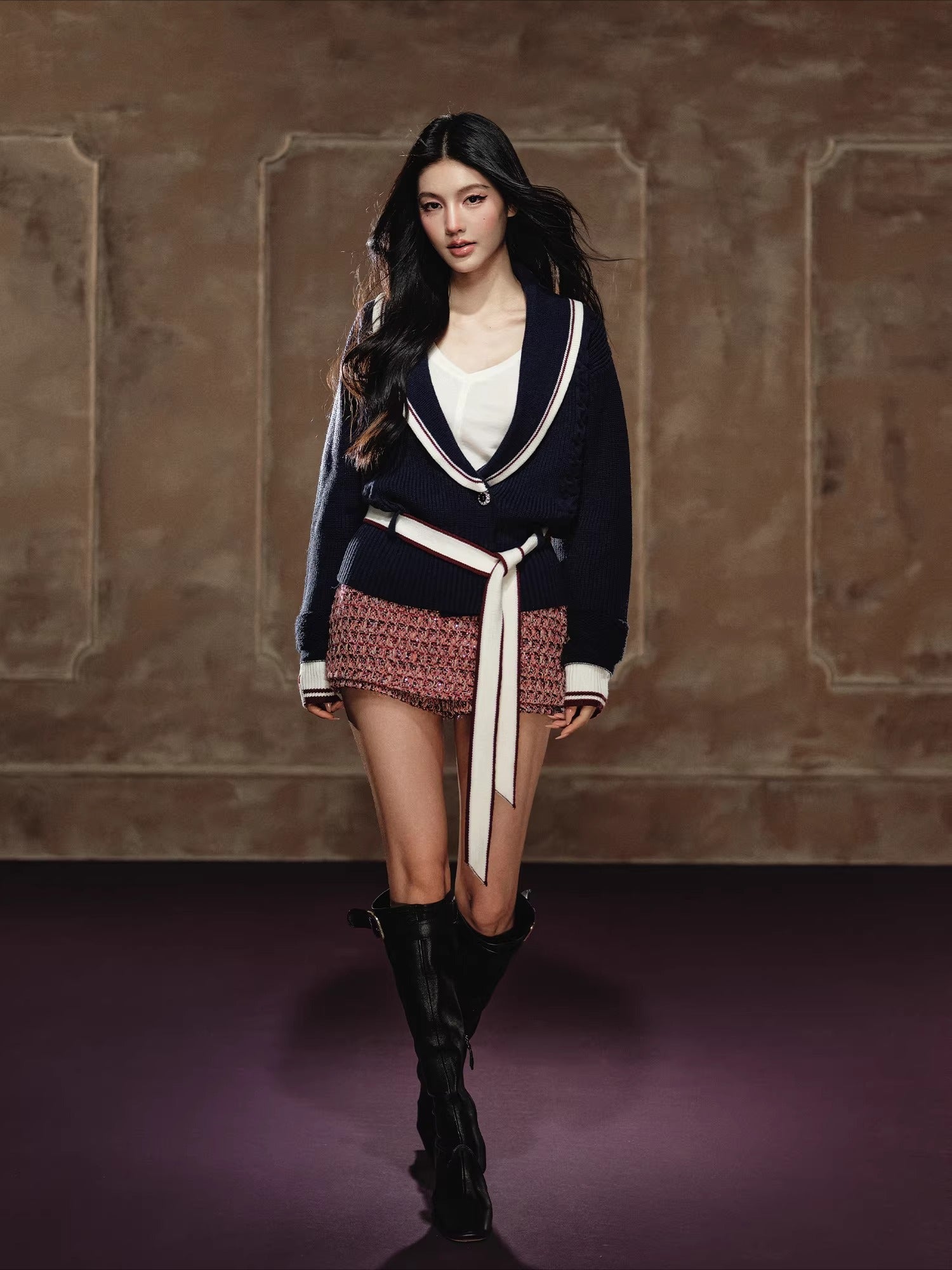 Oversized Contrast V-Neck Tie-Waist Knit Sweater