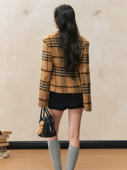 Yellow Plaid Fitted Shoulder-Pad Jacket