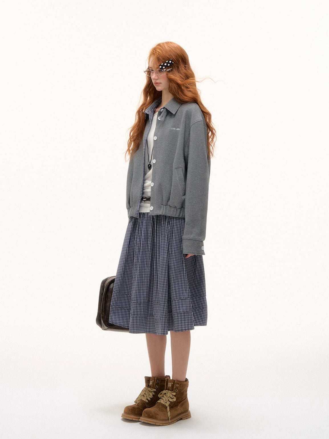 Plaid Panel Embroidered Collar Jacket