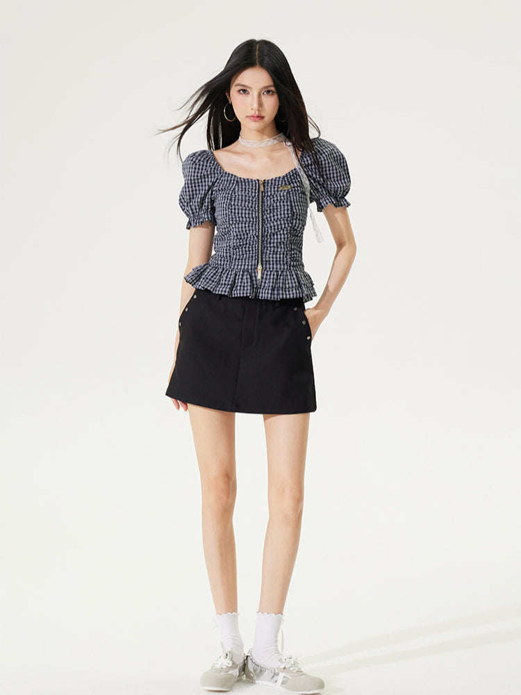 Puff Sleeve One-Word Collar Plaid Top - CHINASQUAD