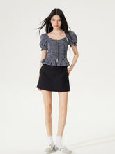 Puff Sleeve One-Word Collar Plaid Top - CHINASQUAD