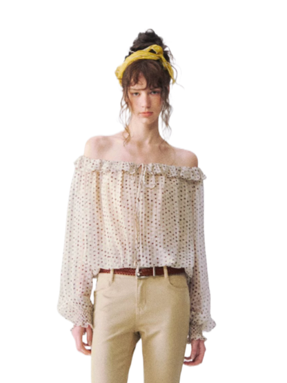 French Polka Dot Off-Shoulder Ruffle Blouse