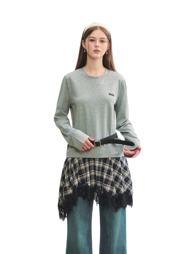 Plaid Lace Patchwork Knit Dress - CHINASQUAD