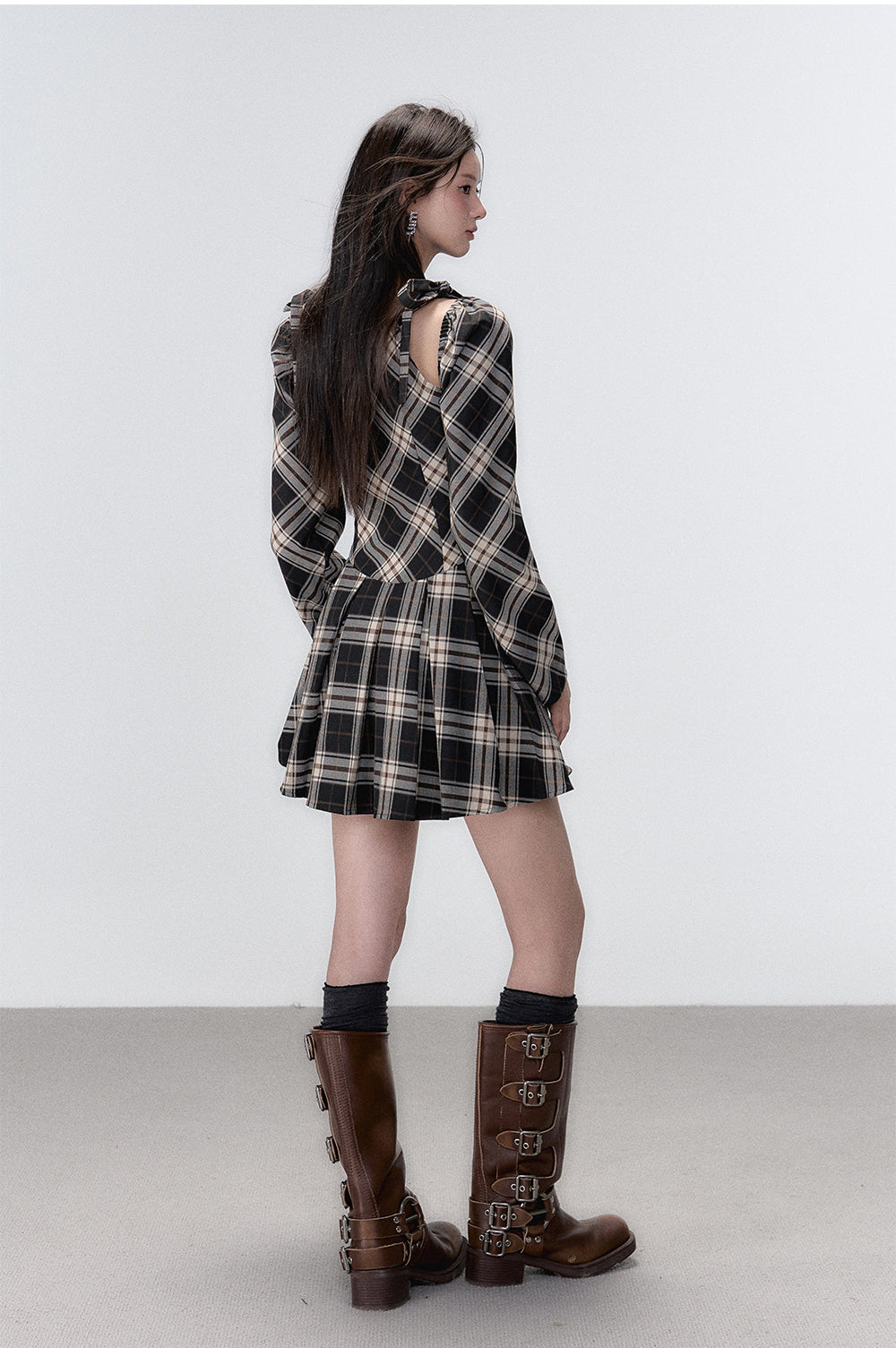 Black Plaid A-line Halter Mini Dress - CHINASQUAD