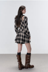 Black Plaid A-line Halter Mini Dress - CHINASQUAD