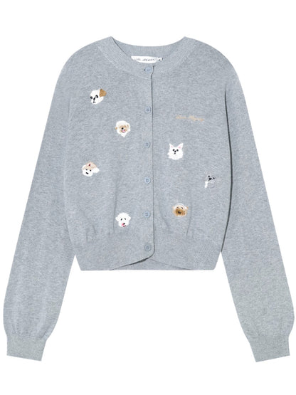 Dog Embroidery Crew Neck Knit Cardigan
