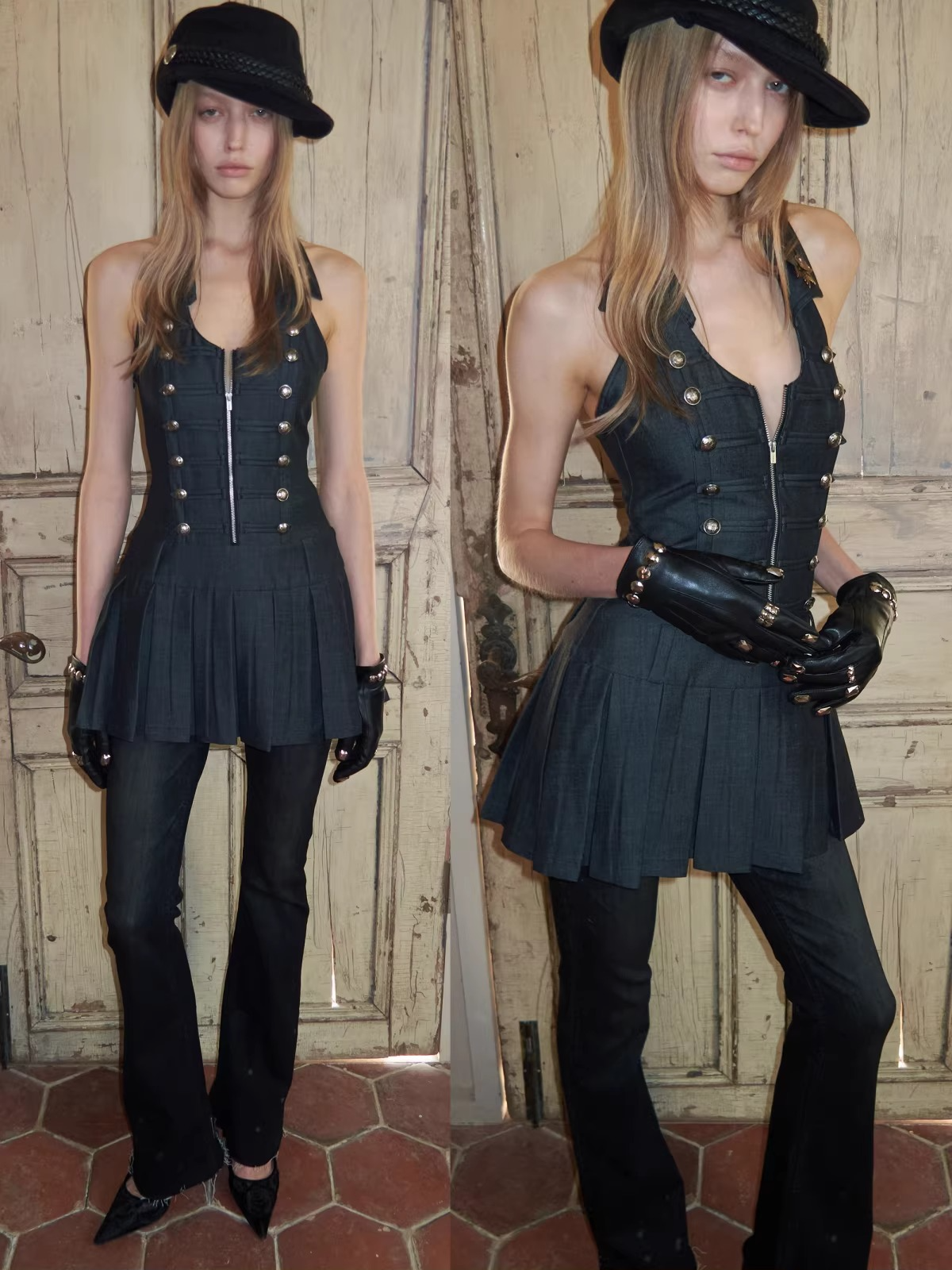 Court-Style Double-Breasted Open-Back Pleated Dress