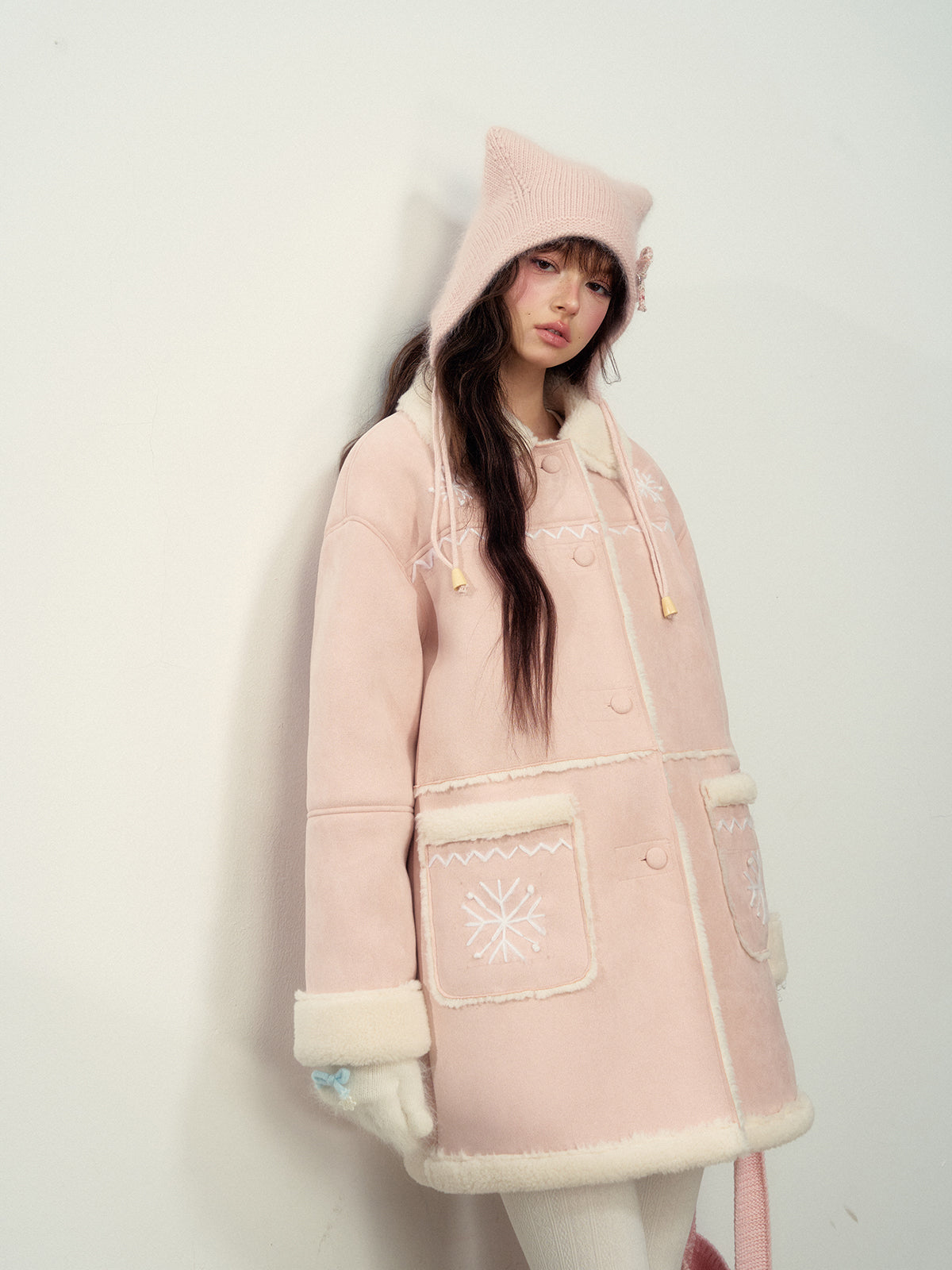 Pink Snowflake Embroidered Faux Shearling Coat