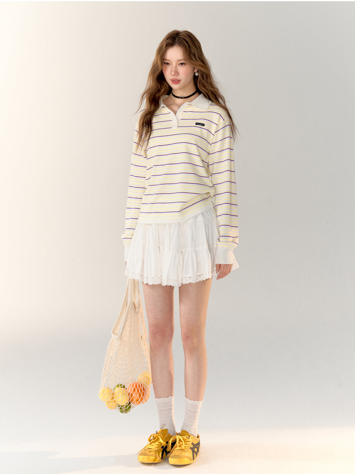 Color-block Striped Knit Polo Top