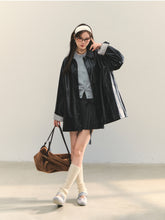 Black H-shaped Cuff Checkered Spliced Leather Jacket - CHINASQUAD